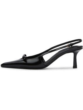 Women Black Pu Bow Ankle Strap Pointed Toe Slingback Buckle Kitten Heels